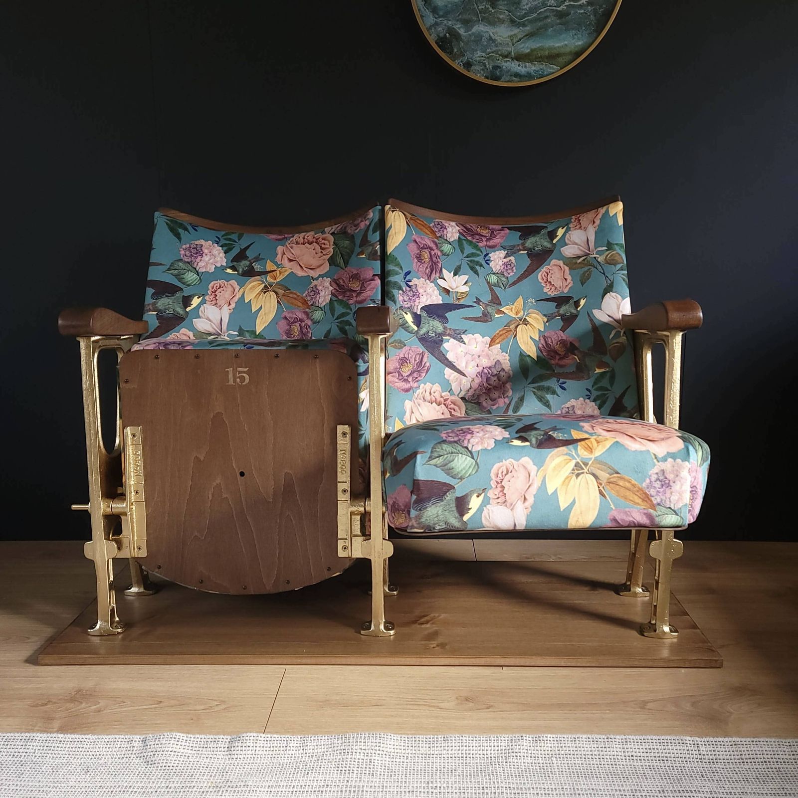Two Refurbished Vintage Cinema Seats In Gorgeous Swallows And Blooms Velvet photo for sale