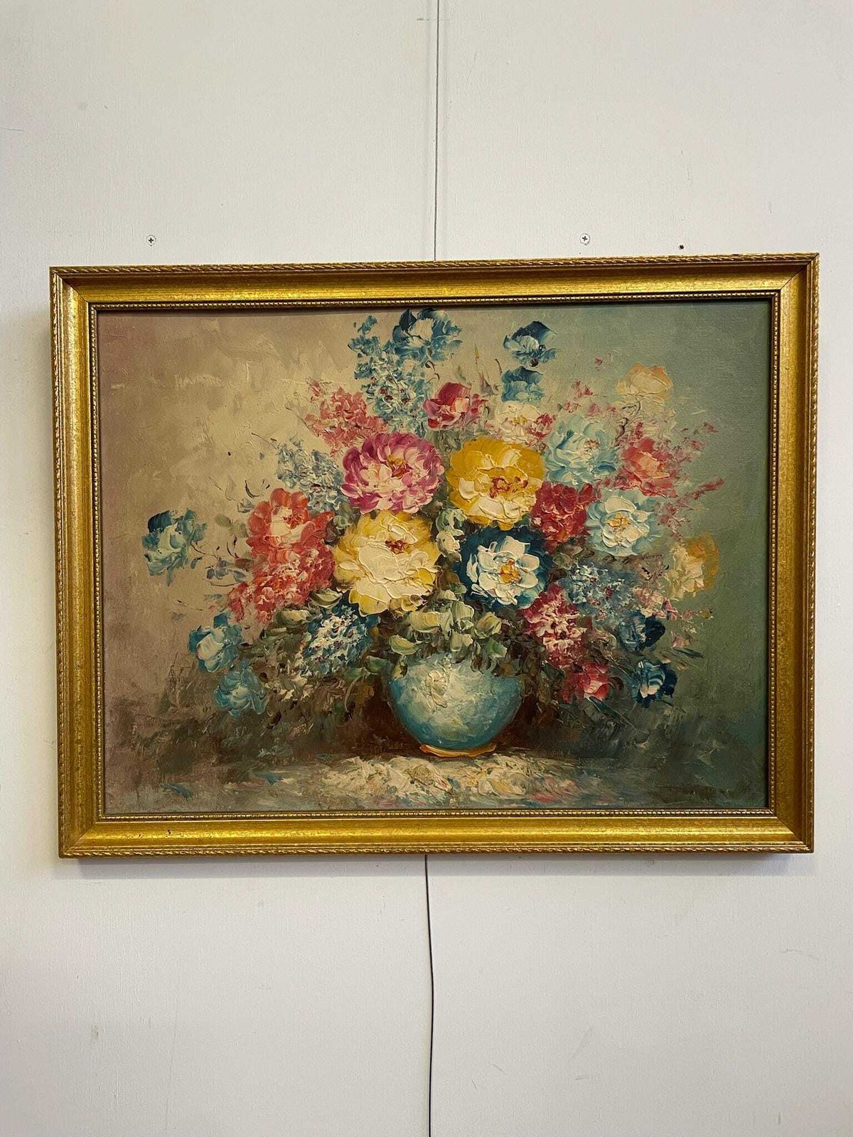 Vintage Floral Painting Expressive Brushstrokes And Slim Gold Frame photo furniture