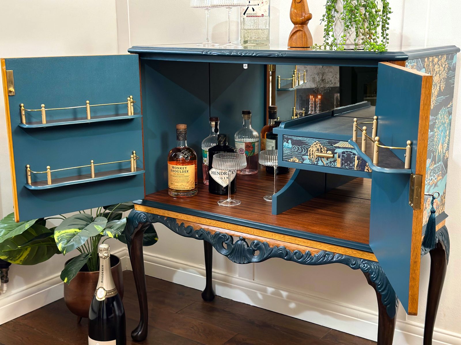 Oriental Queen Anne Cocktail Cabinet, Blue  Drinks Bar, Living Room Drinks Unit With Carved Details, Statement Furniture, Made To Order. photo vintage