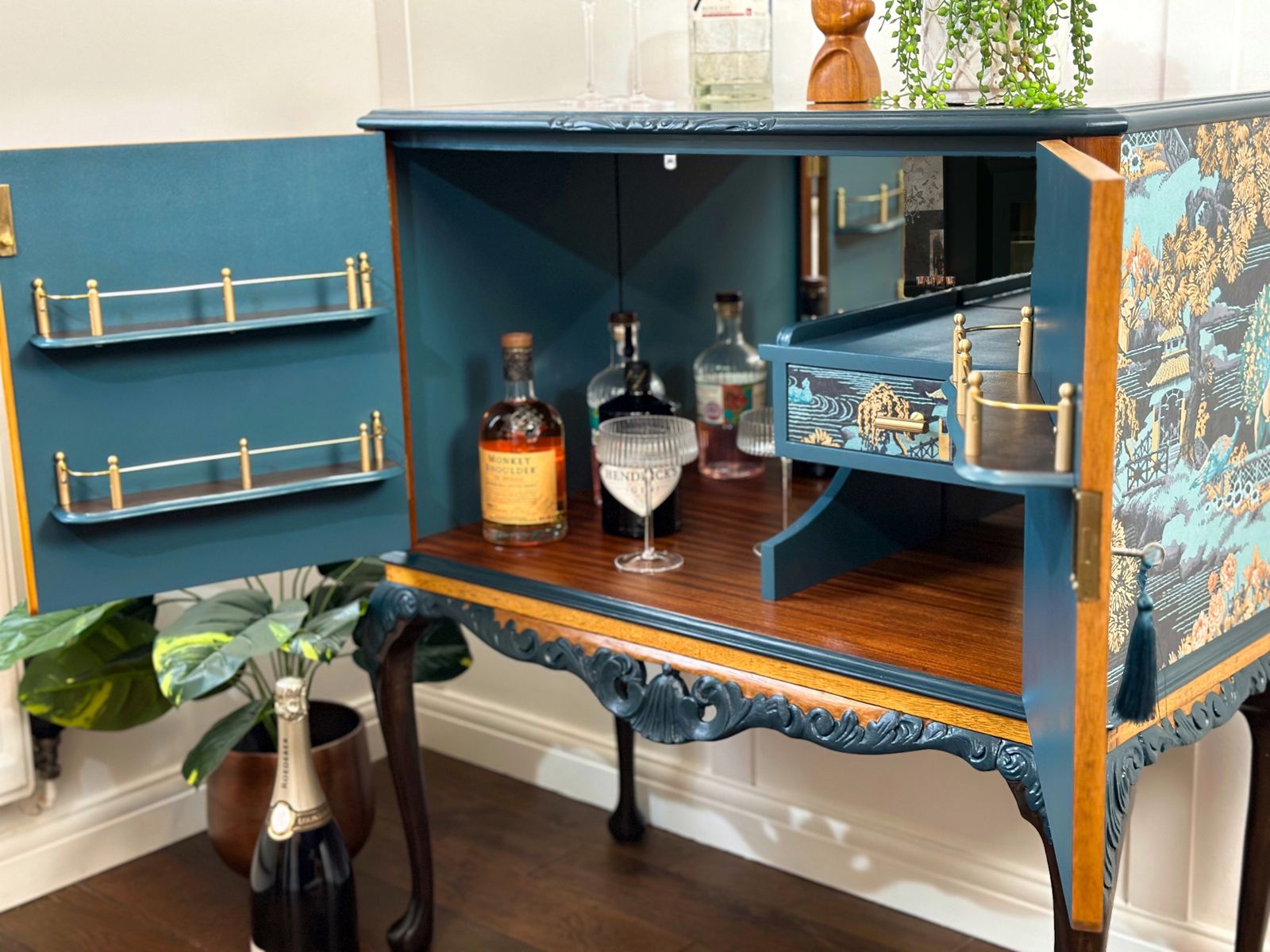 photo furniture Oriental Queen Anne Cocktail Cabinet, Blue  Drinks Bar, Living Room Drinks Unit With Carved Details, Statement Furniture, Made To Order.