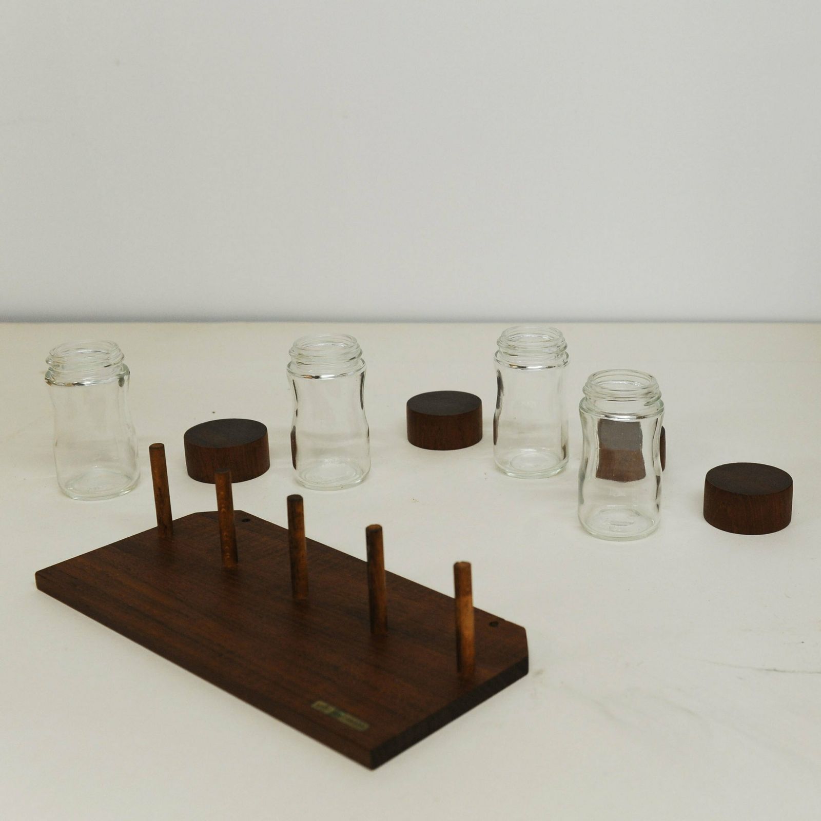 Danish 4 Slot Wooden Teak Hanging Spice Rack With Glass Screw Top Jars By Digsmed, 1960s photo 125.0