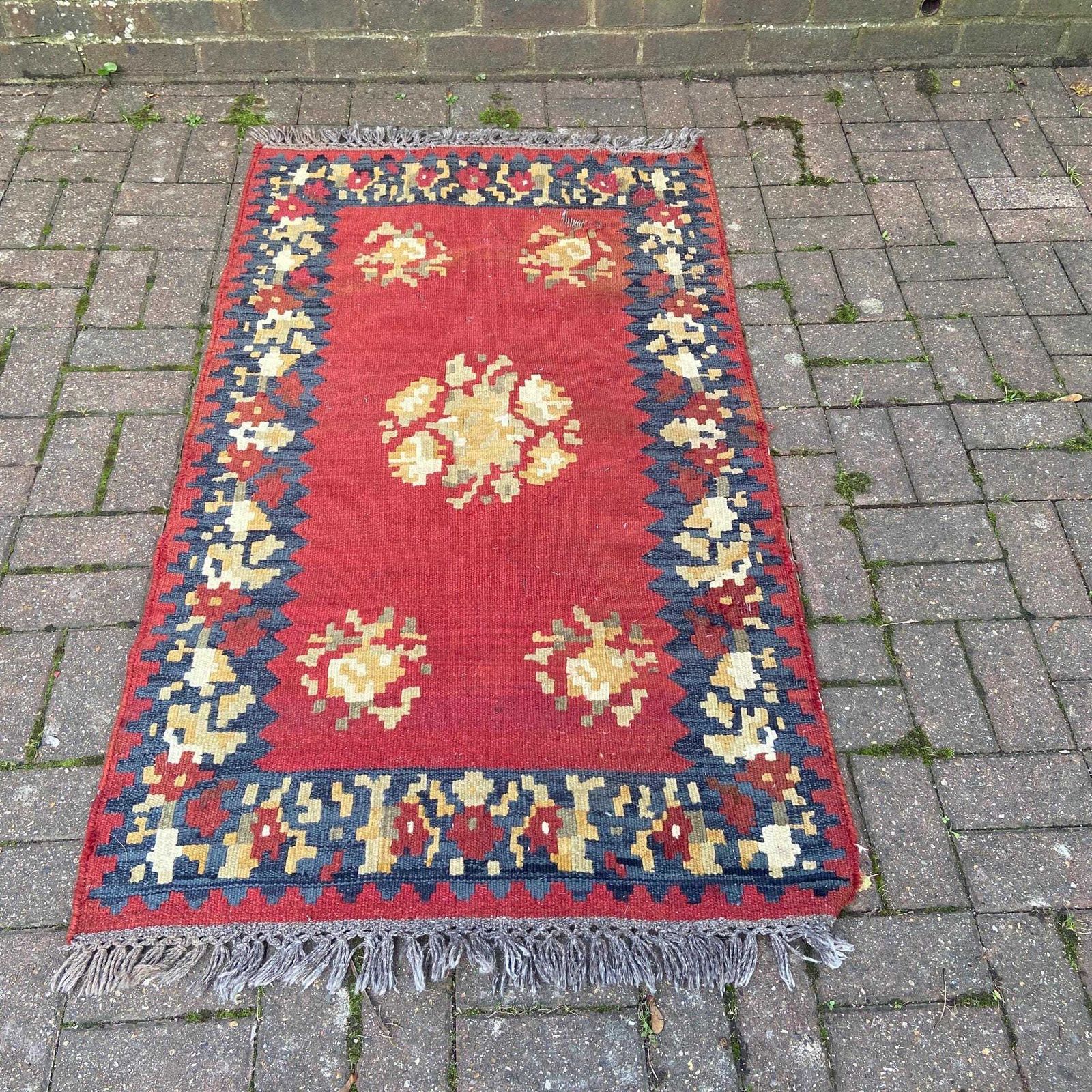 Vintage Large Kilim Rug In Red, Dark Blue/Black   Character Rug 144cm X 89cm