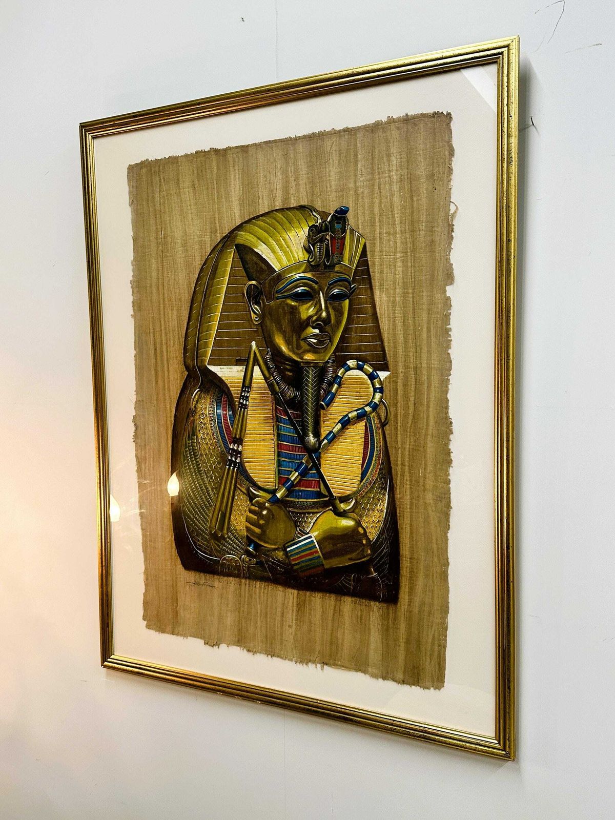 Groot Gesigneerd Schilderij Van Toetanchamon Op Egyptische Papyrus, Jaren 1980. photo Kunst