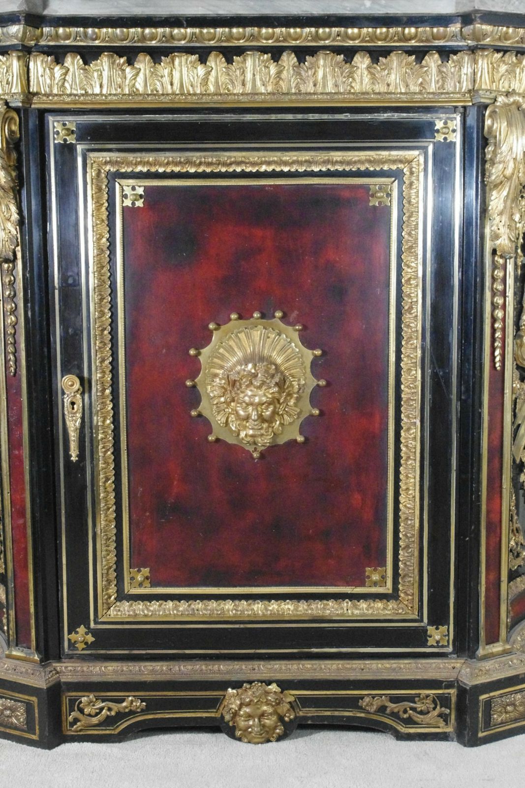 photo for sale 19th Century French Gilt Metal Mounted Ebonised Cabinet With Marble Top