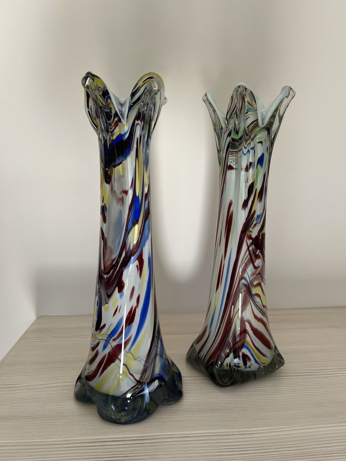 Pair Of Mid Century Murano Style Hand Blown Glass Vases With Multicolor Swirl Pattern photo furniture