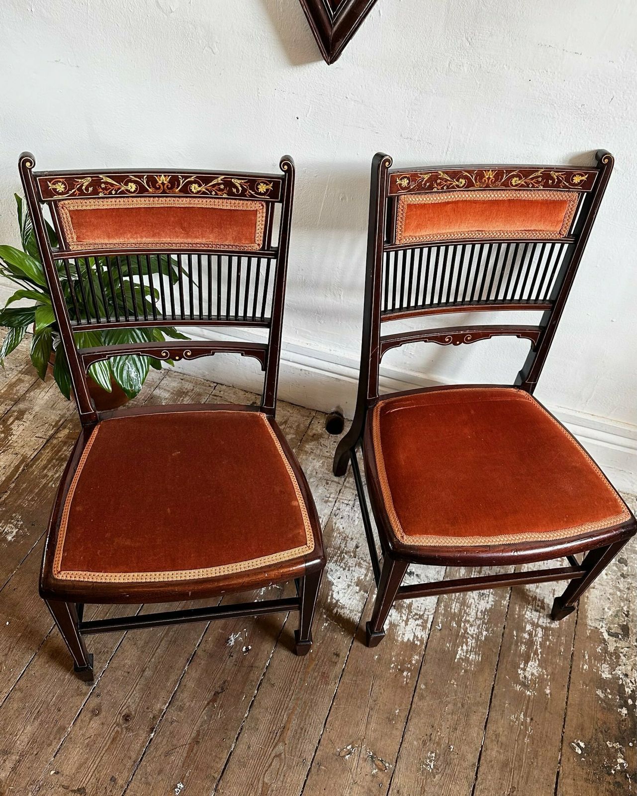 Pair Of Upholstered Mahogany Marquetry Chairs, Bone And Boxwood Details photo furniture