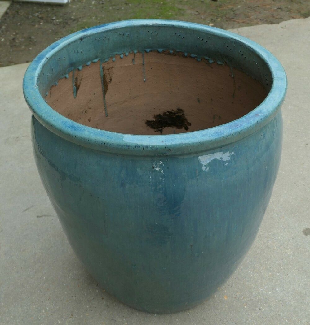 Large French Terracotta Turquoise Blue Garden Tree Planter photo for sale