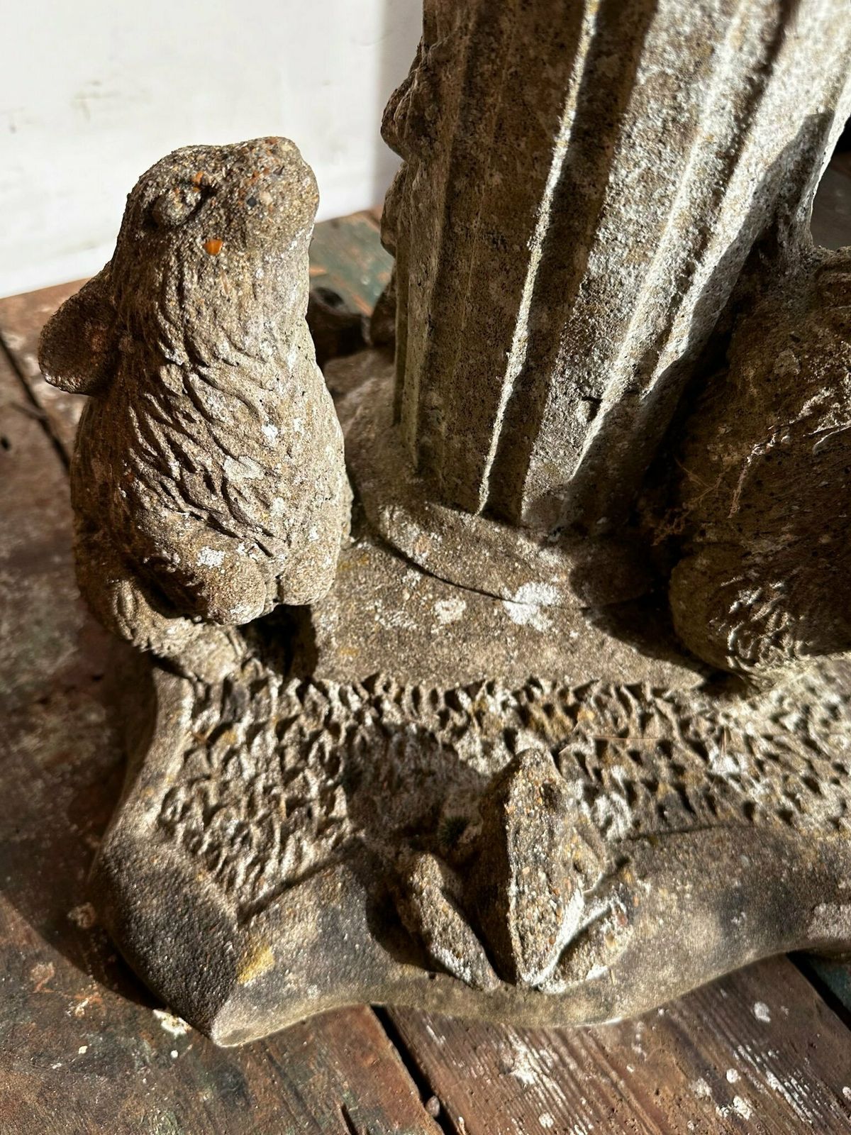 Composite Stone Pan Figure On Reeded Column W/ Woodland Animals C.1940 photo Garden Decor