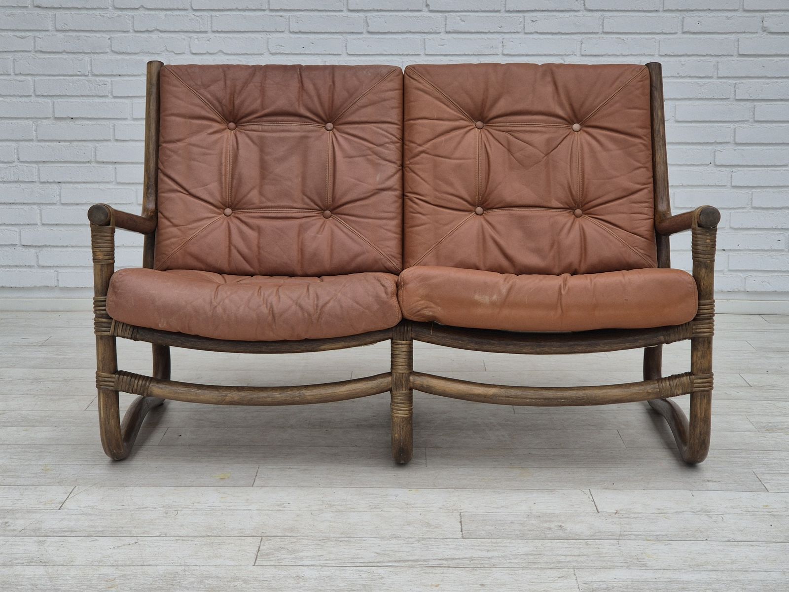1970s, Scandinavian 2 Seater Sofa, Original Very Good Condition, Bamboo, Leather. photo for sale