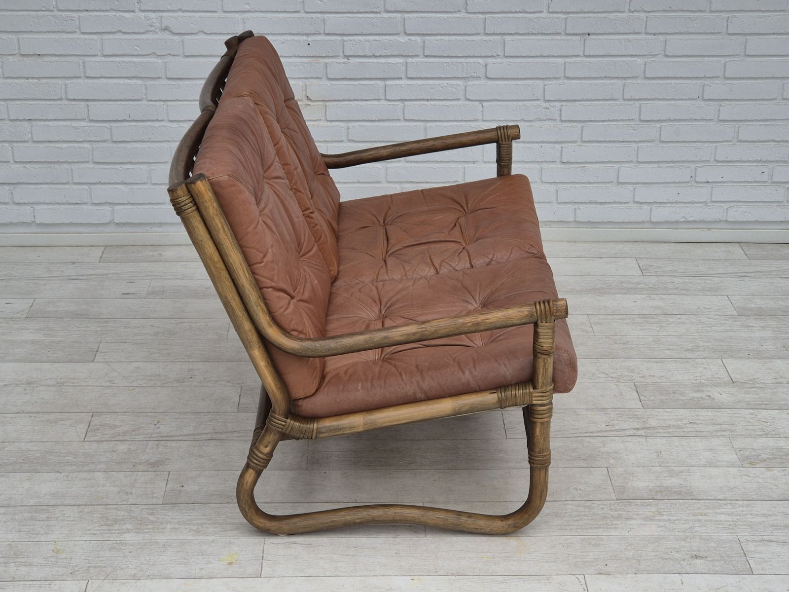 photo for sale 1970s, Scandinavian 2 Seater Sofa, Original Very Good Condition, Bamboo, Leather.
