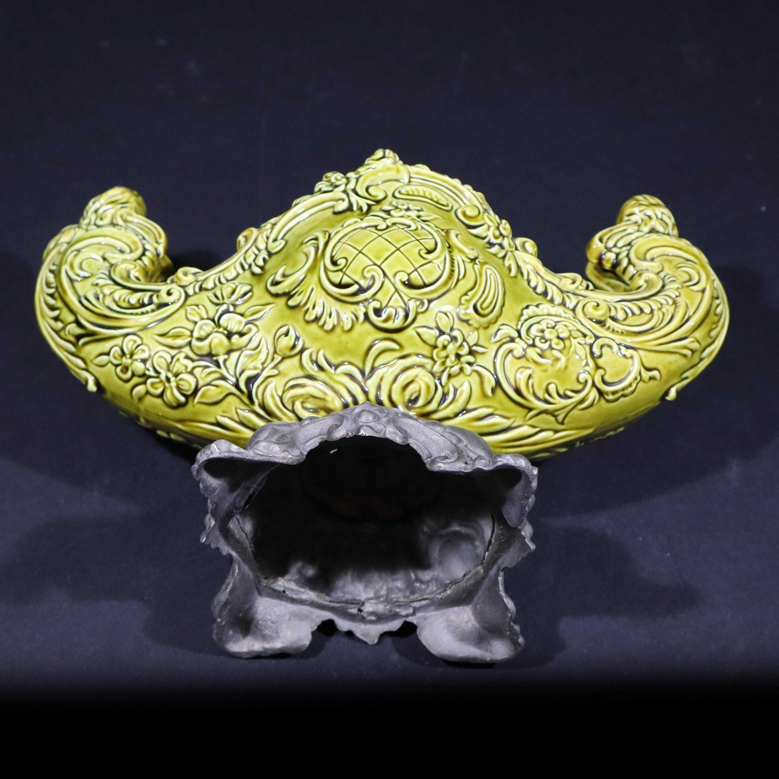 Antique Majolica Planter By Schütz Cilli Austrian Green Ceramic Jardiniere With Cherubs photo vintage