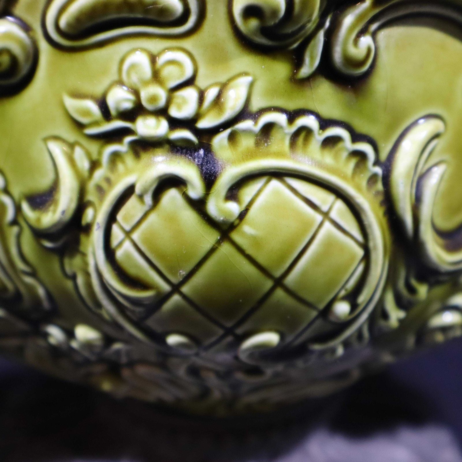 photo for sale Antique Majolica Planter By Schütz Cilli Austrian Green Ceramic Jardiniere With Cherubs