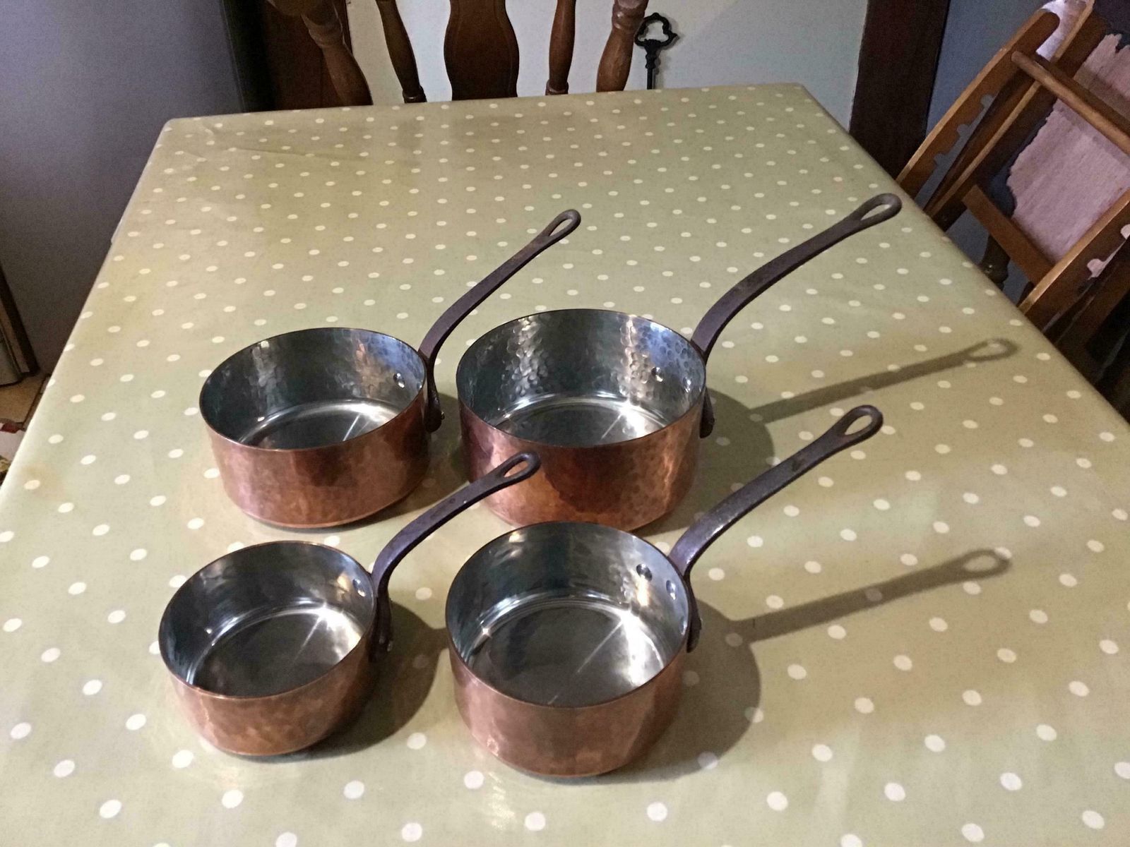 4 Copper Hammered Pans Stamped French Pots And Pans, Made In France, Country Kitchen, photo furniture