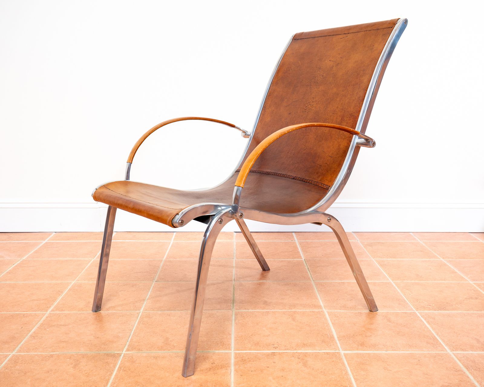 Furniture Tan Hide Leather Lounge Chair Mid Century Mcm Aluminium Hungarian A.Rt Deco Bauhaus Style 1970s Hungary Rudolf Szedleczky photo