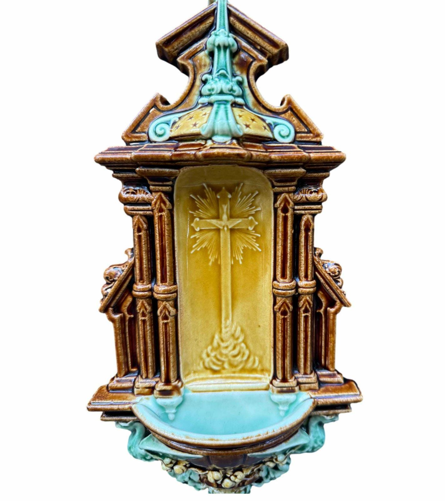 Antique Majolica Holy Water Font Choisy Le Roi 19th Gift Religious Decor photo furniture