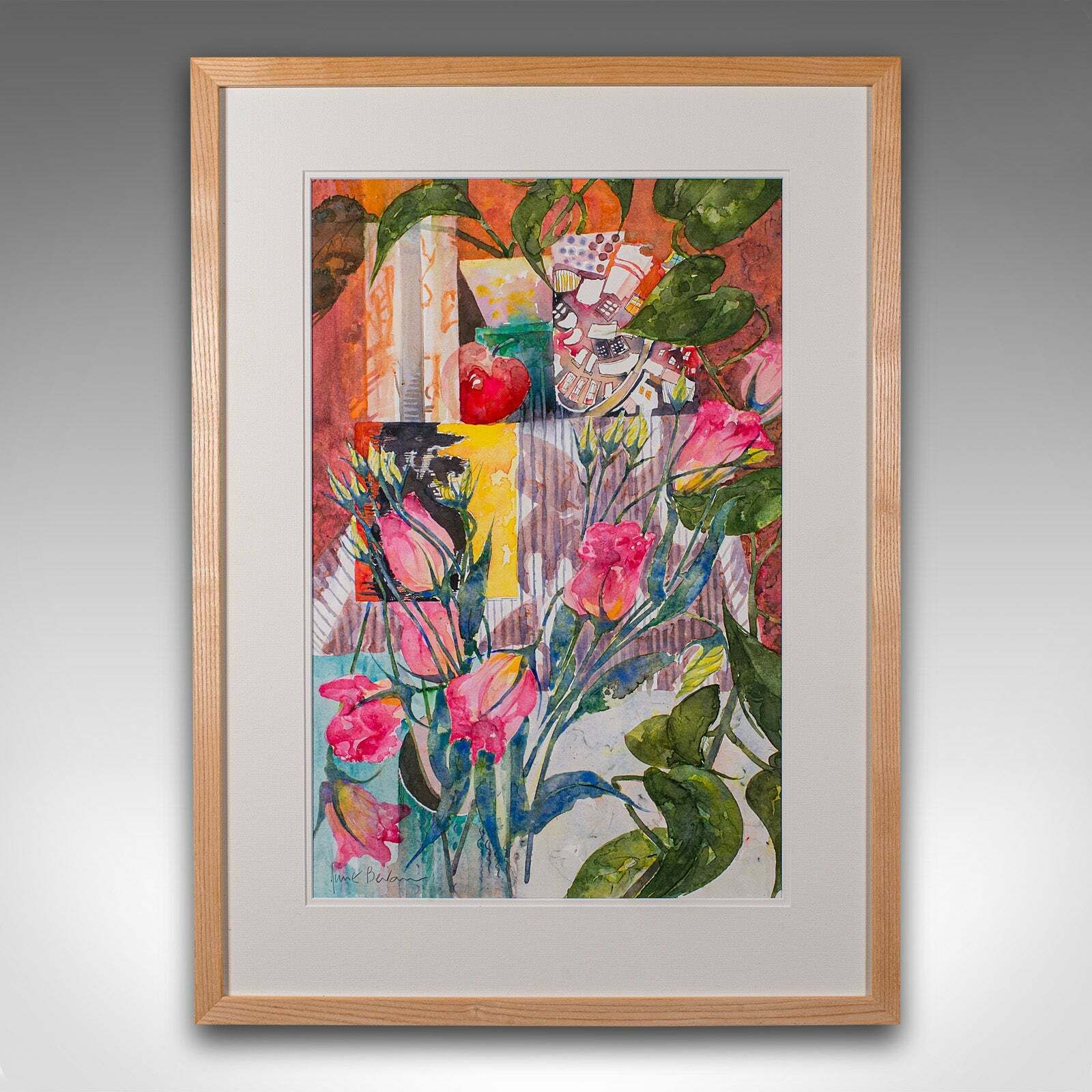 Vintage Abstract Painting, English, Framed Watercolour, Flower Study, Signed Art photo furniture