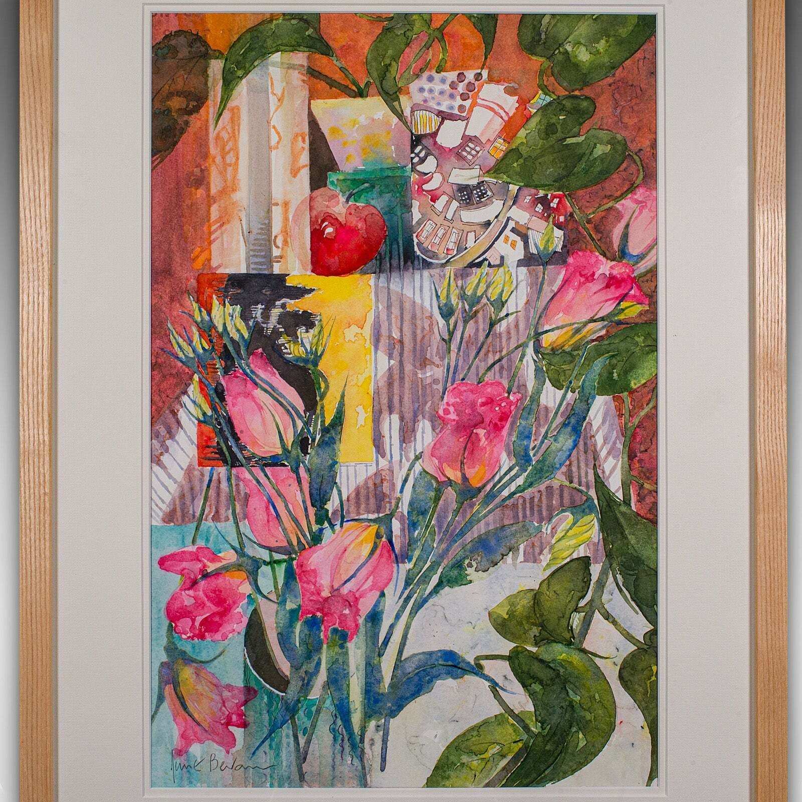 Vintage Abstract Painting, English, Framed Watercolour, Flower Study, Signed Art photo Art