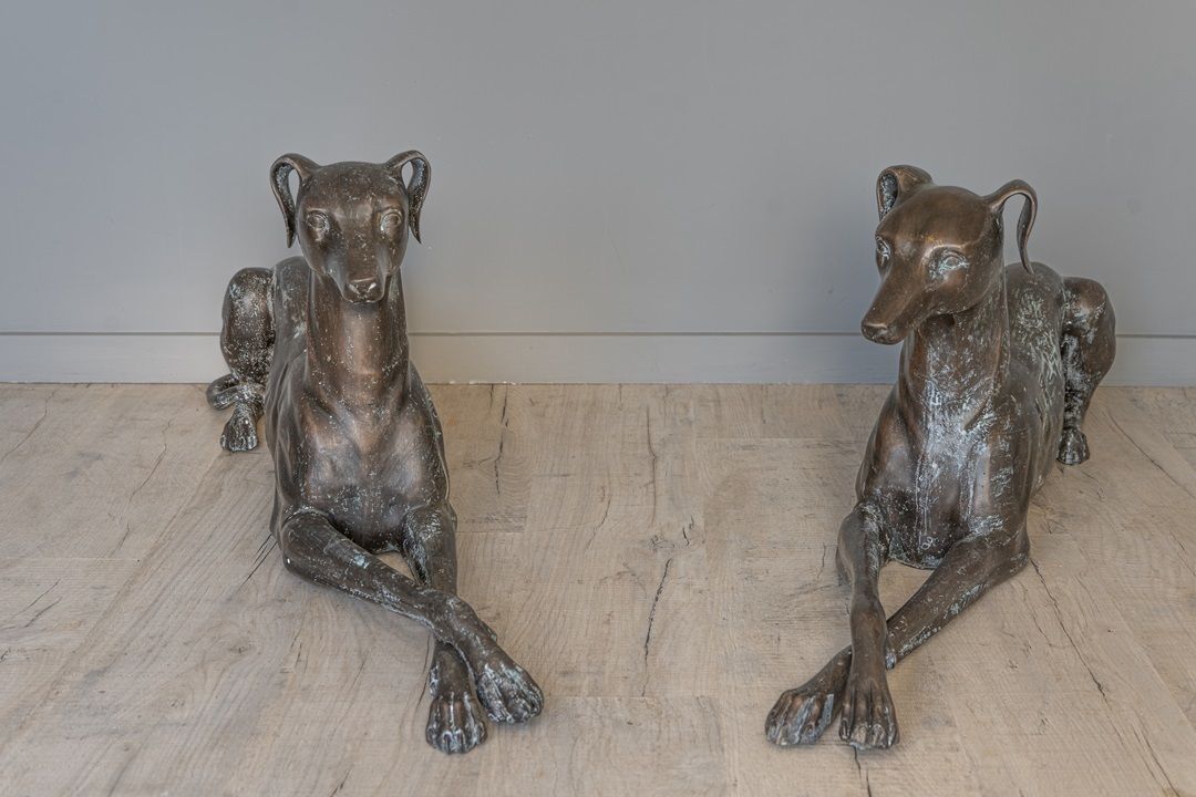 Pair Of Bronze Whippet Garden Statues photo vintage