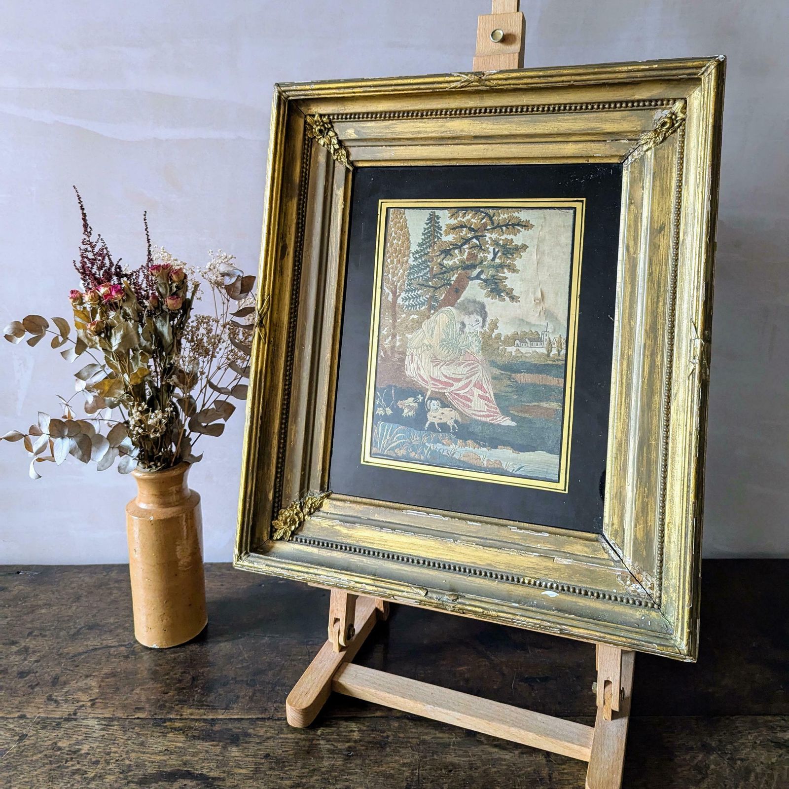 A Stunning Antique Georgian Silk Work Tapestry In Original Frame C1800 photo vinterior