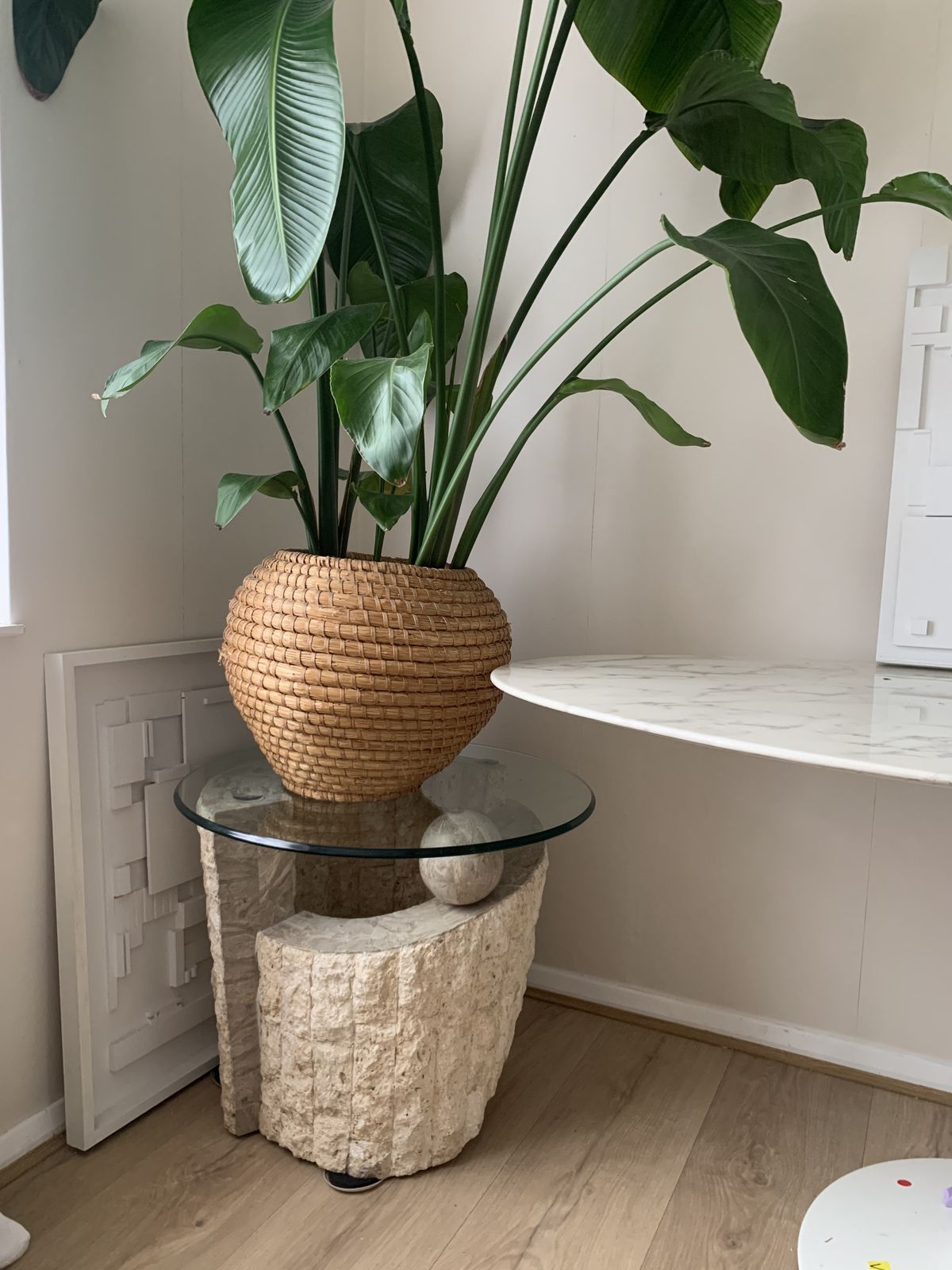 1980s Postmodern Natural Mactan Stone Accent / End Table With Glass Top