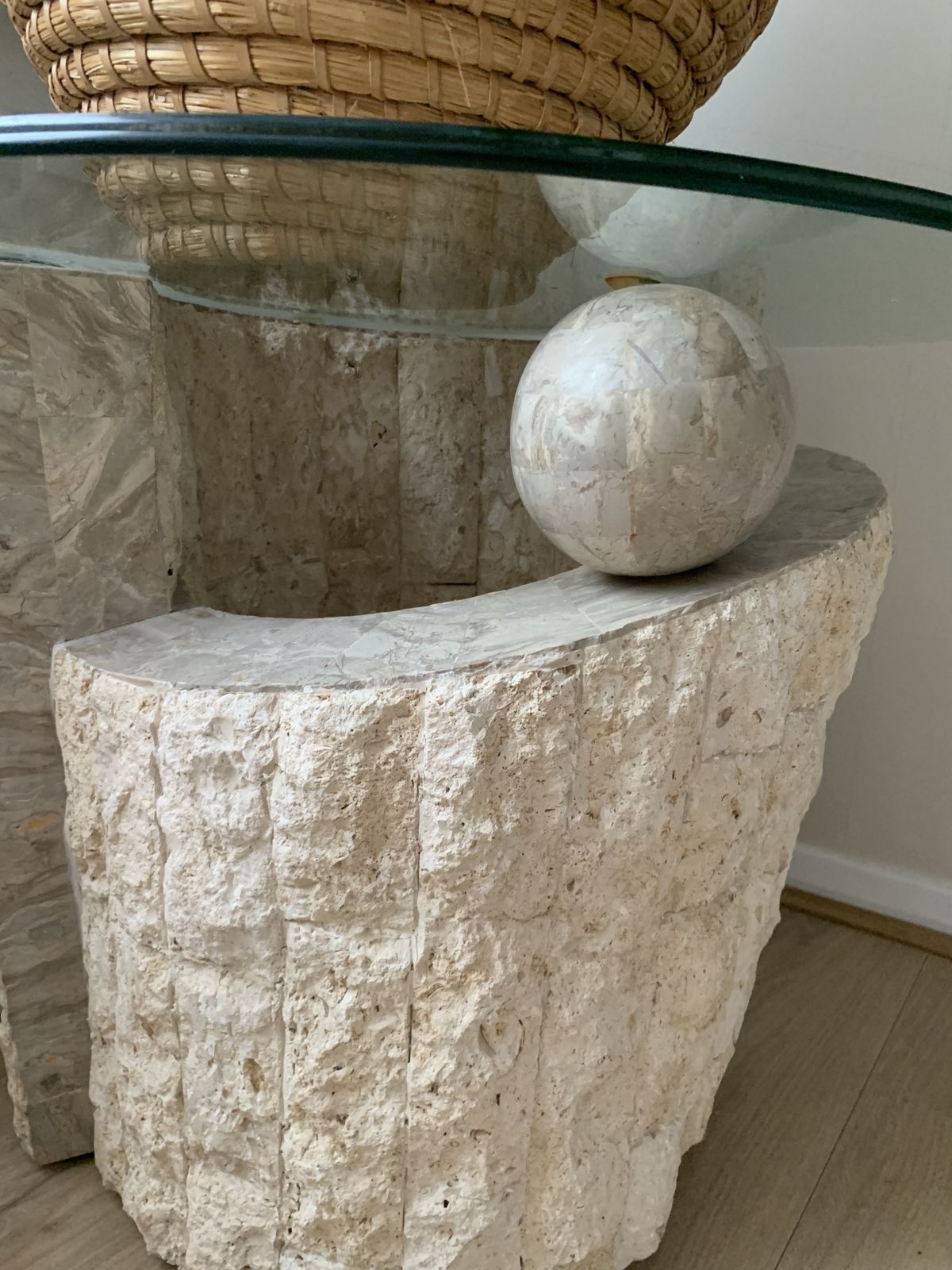 1980s Postmodern Natural Mactan Stone Accent / End Table With Glass Top photo for sale