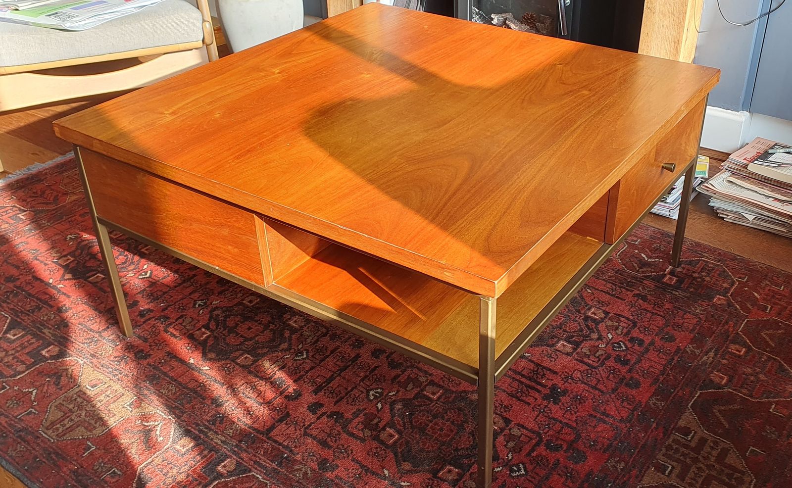 Mid Century Modern West Elm Square Walnut And Brass Coffee Table With Drawers photo furniture