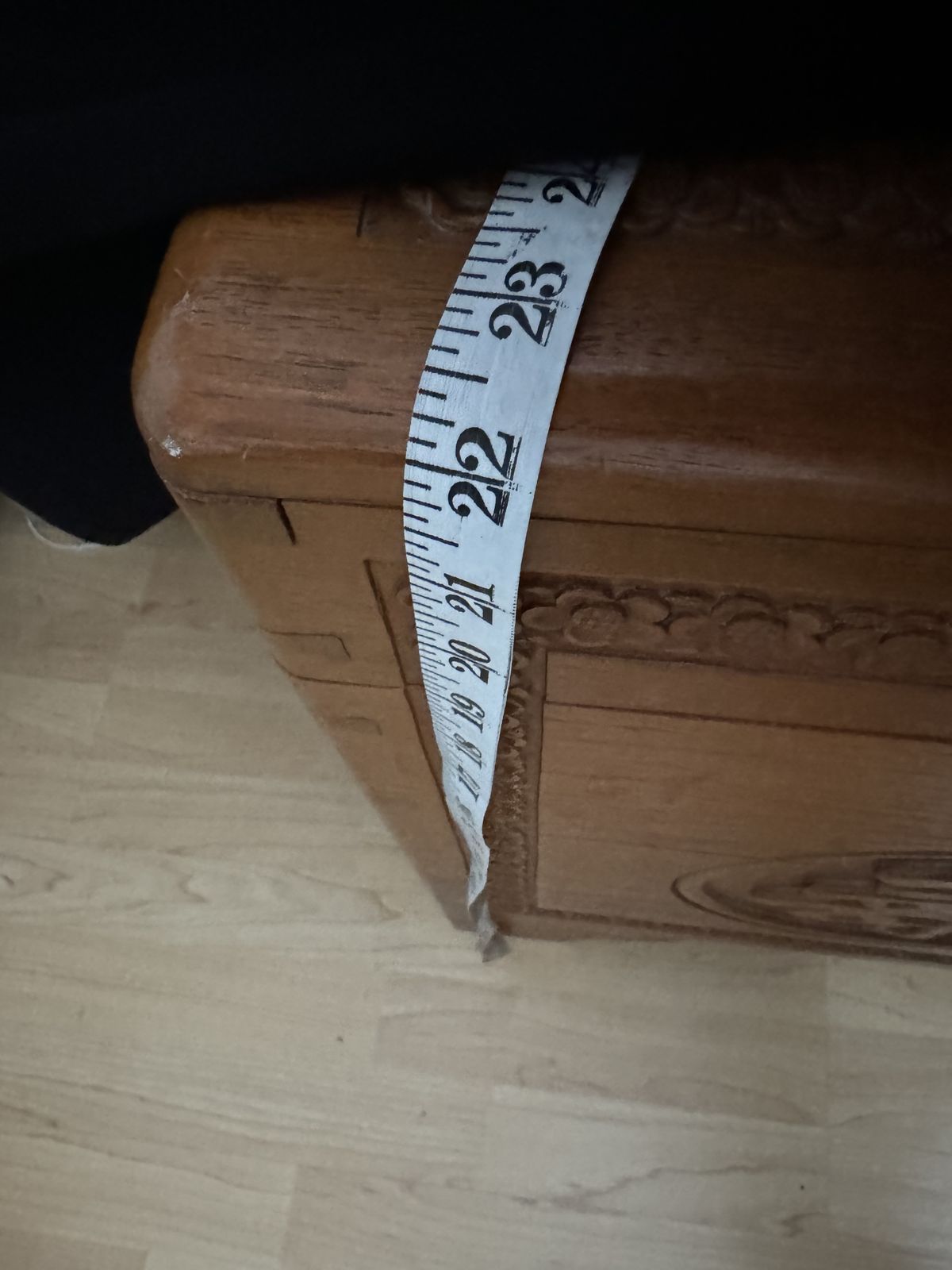 Vintage Camphor Wood Chest With Engraved Symbols Of Blessing photo vinterior
