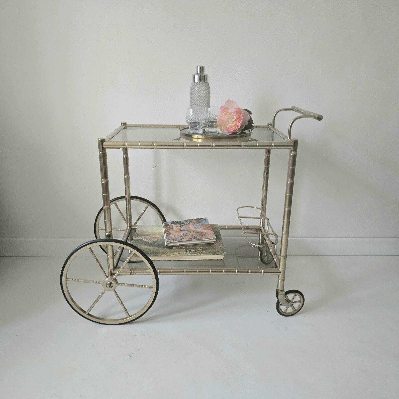 Vintage Hollywood Regency Brass And Smoky Glass Faux Bamboo Bar Cart By Orsenigo, Italy 1970s photo vinterior