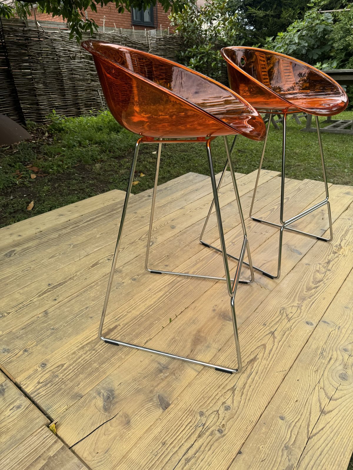 Pair Of Pedrali Gliss Italian Transparent Orange Bar Stools   Modern 50's Style