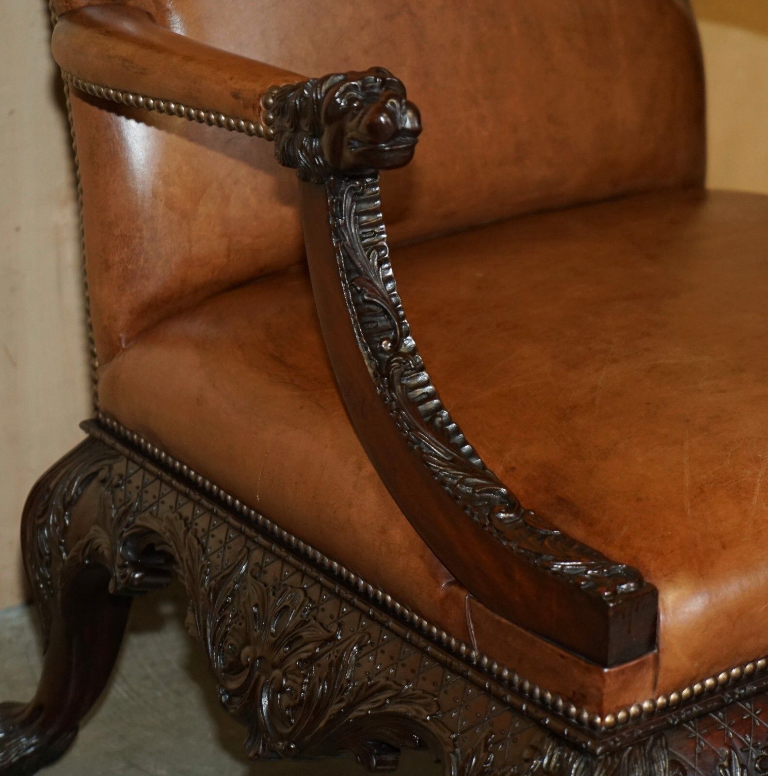12950.0 Fine Pair Of Brown Leather Carved Gainsborough Armchairs Giles Grendey 1693 1780 photo