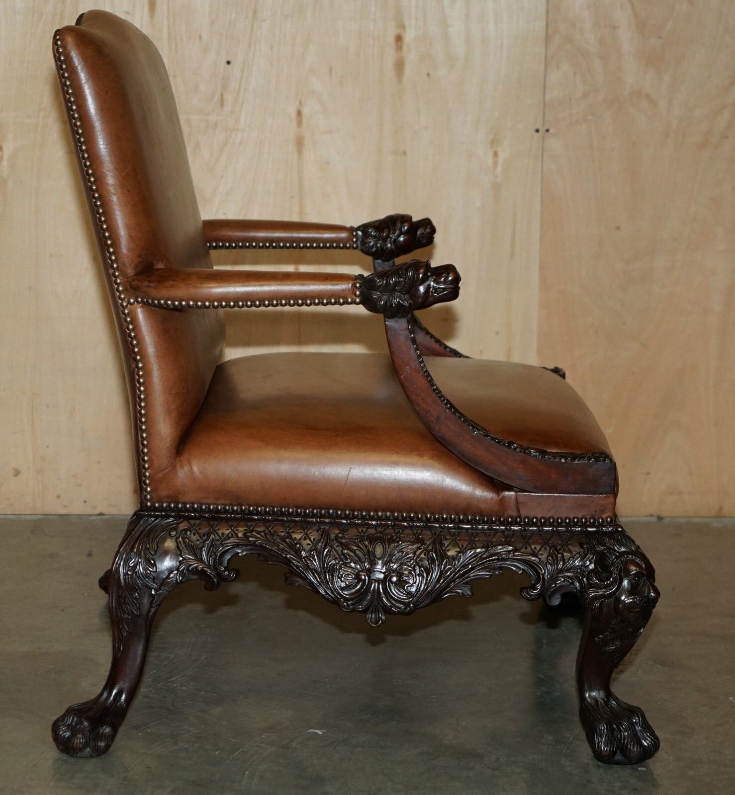 photo buy Fine Pair Of Brown Leather Carved Gainsborough Armchairs Giles Grendey 1693 1780