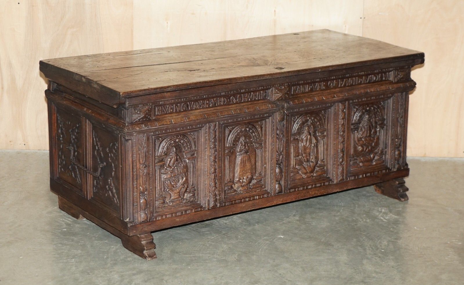 Huge Antique 1631 Dated Hand Carved Oak Danish Wedding Dowry Linen Trunk Coffer