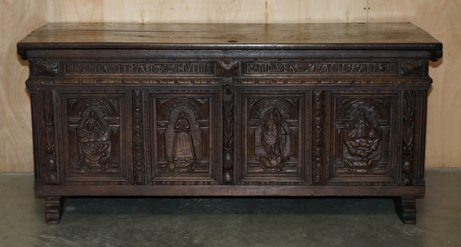 Huge Antique 1631 Dated Hand Carved Oak Danish Wedding Dowry Linen Trunk Coffer photo furniture