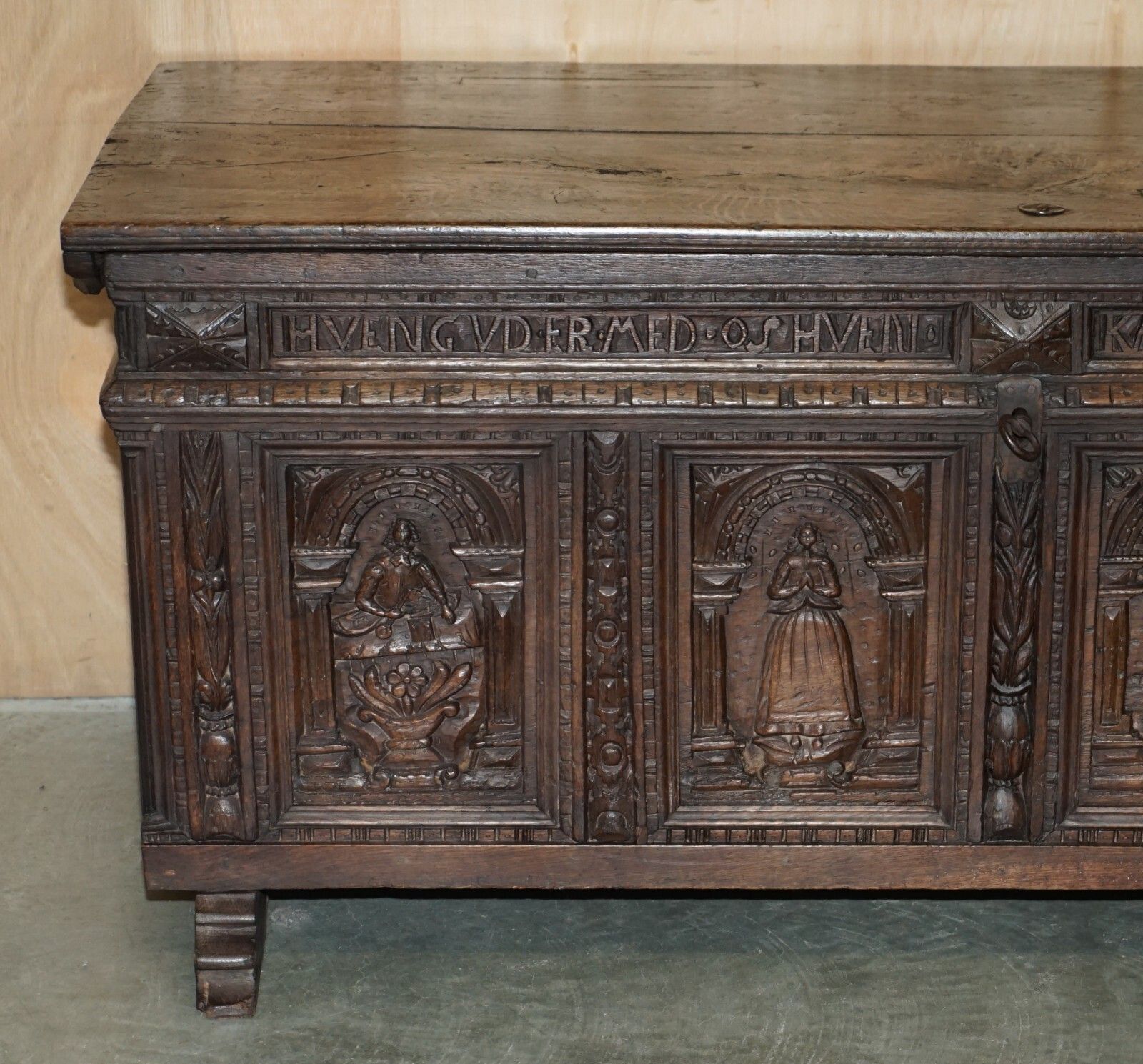 Huge Antique 1631 Dated Hand Carved Oak Danish Wedding Dowry Linen Trunk Coffer photo for sale