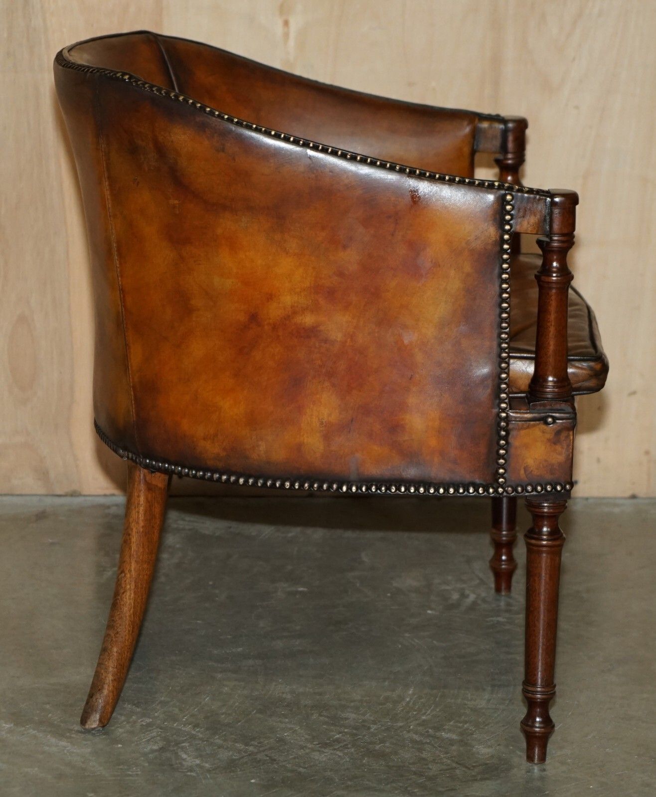3950.0 Pair Of Hand Dyed Brown Leather Thomas Chippendale Chesterfield Tub Armchairs photo