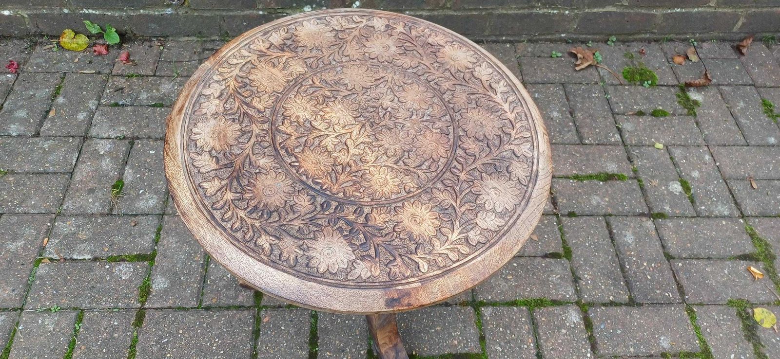 Beautiful Hand Carved Middle Eastern Round Side Table – Vintage, Age Worn Accent For Wine, Bedside, Or Occasional Use Benares Style photo for sale