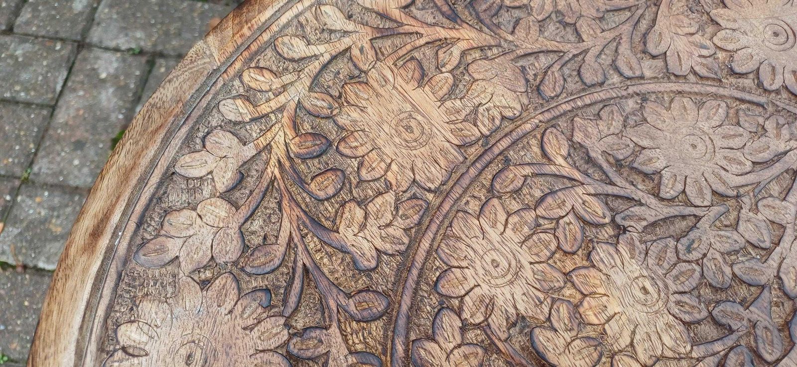 Beautiful Hand Carved Middle Eastern Round Side Table – Vintage, Age Worn Accent For Wine, Bedside, Or Occasional Use Benares Style photo 175.0
