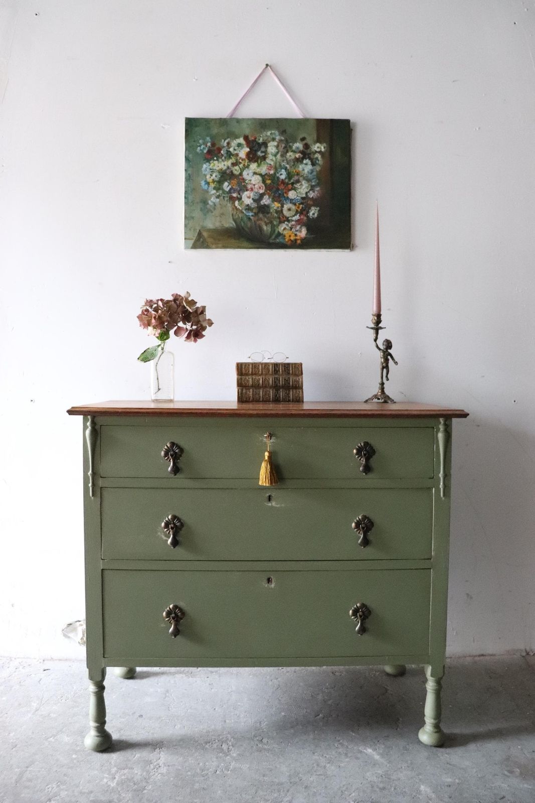 Painted Vintage Three Drawer Washstand Or Chest Of Drawers In Olive Green With Natural Wood Top