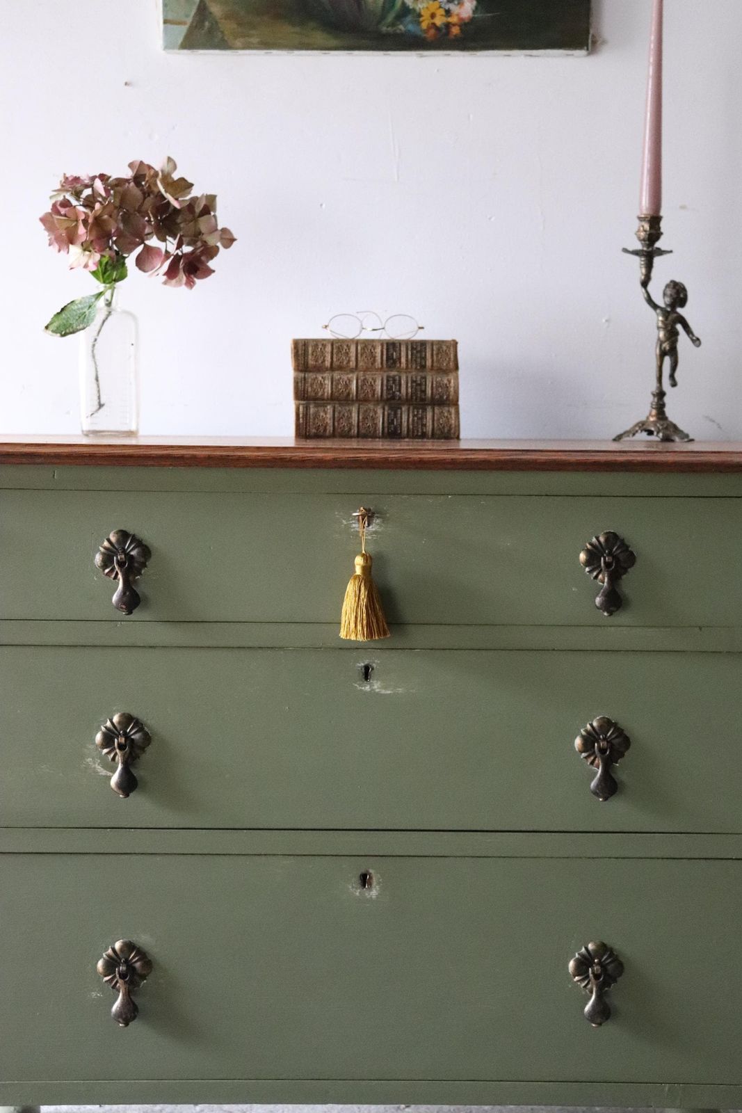 Painted Vintage Three Drawer Washstand Or Chest Of Drawers In Olive Green With Natural Wood Top photo for sale