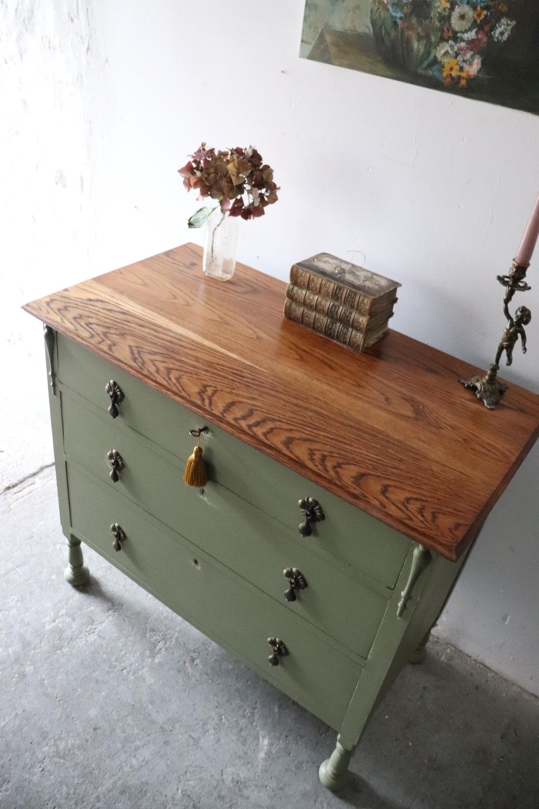 Painted Vintage Three Drawer Washstand Or Chest Of Drawers In Olive Green With Natural Wood Top photo Furniture