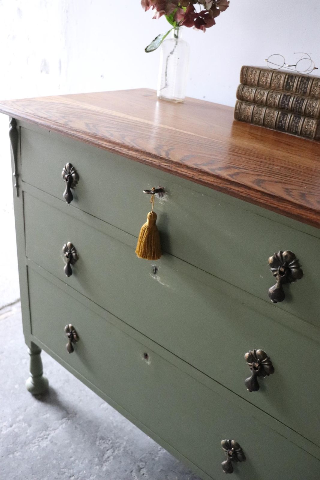 Painted Vintage Three Drawer Washstand Or Chest Of Drawers In Olive Green With Natural Wood Top photo 650.0