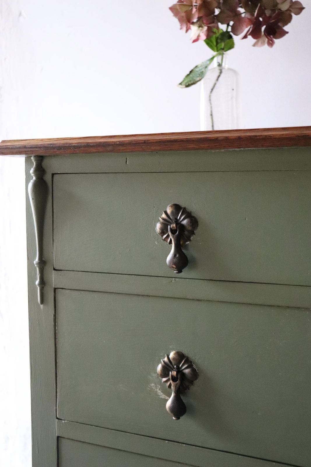 Painted Vintage Three Drawer Washstand Or Chest Of Drawers In Olive Green With Natural Wood Top photo buy