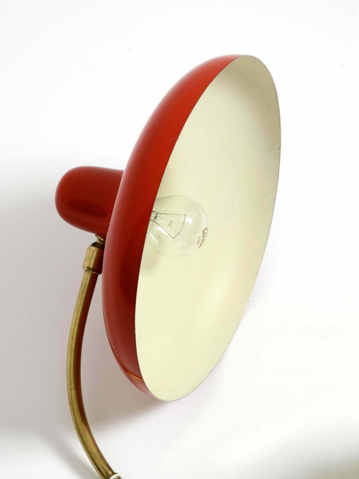 1710.0 Beautiful Large Mid Century Modern Brass Table Lamp With Red Metal Shade photo