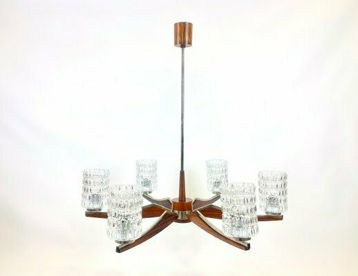Mid Century Danish Rosewood & Nickel Plated 6 Arm Chandelier, 1960s