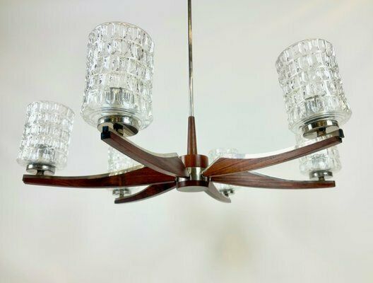 Mid Century Danish Rosewood & Nickel Plated 6 Arm Chandelier, 1960s photo furniture