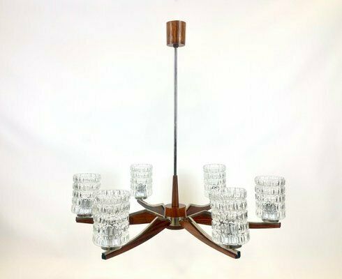 Mid Century Danish Rosewood & Nickel Plated 6 Arm Chandelier, 1960s photo for sale