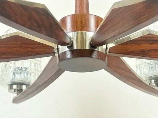 Mid Century Danish Rosewood & Nickel Plated 6 Arm Chandelier, 1960s photo Lighting