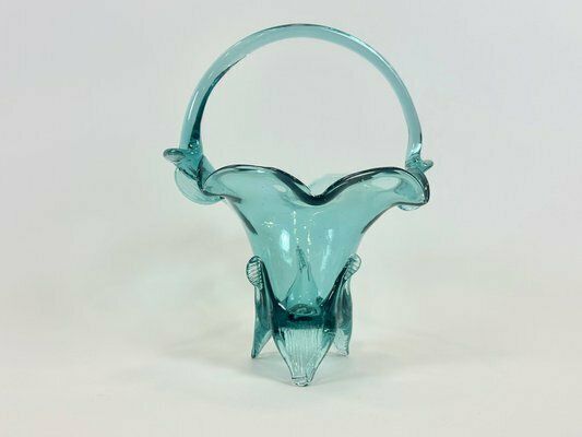 photo for sale Turquoise Polish Glass Basket From Ząbkowice Glassworks, 1960s