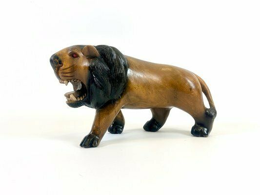 Vintage Wooden Carved Lion Figure, 1930s photo Art