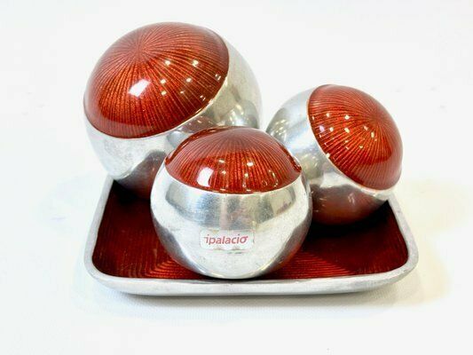 Mid Century Enamel Aluminium Balls With Tray From Ipalacio, 20th Century, Set Of 4 photo vinterior